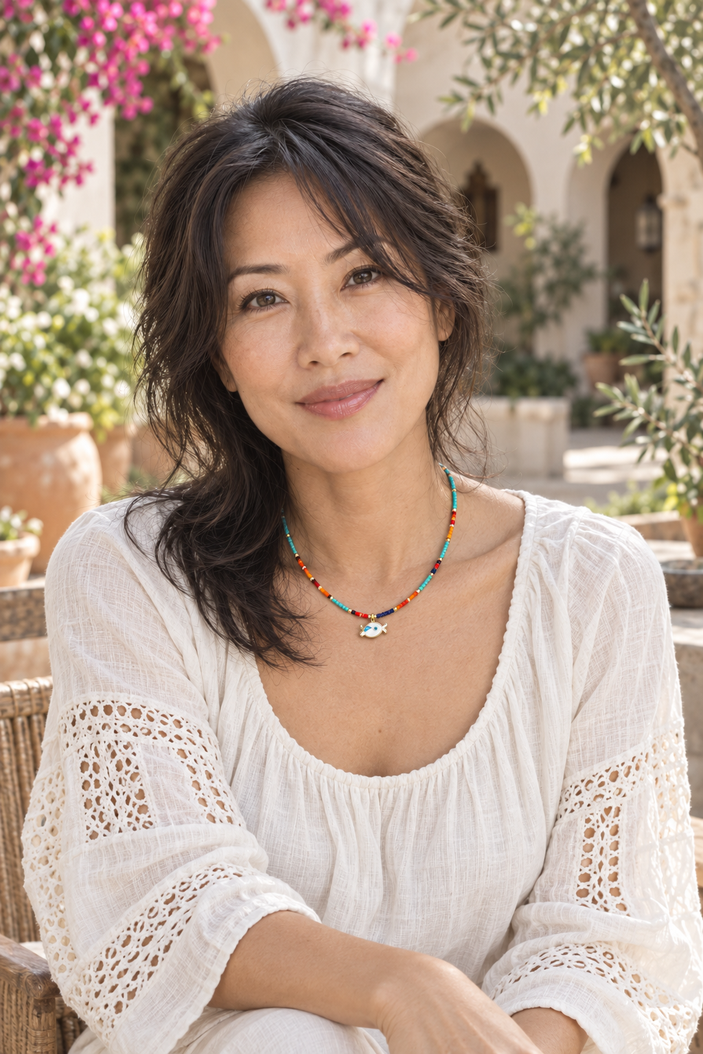 AI-styled waist-up photograph of Tiffany wearing the jewelry in a sunlit courtyard