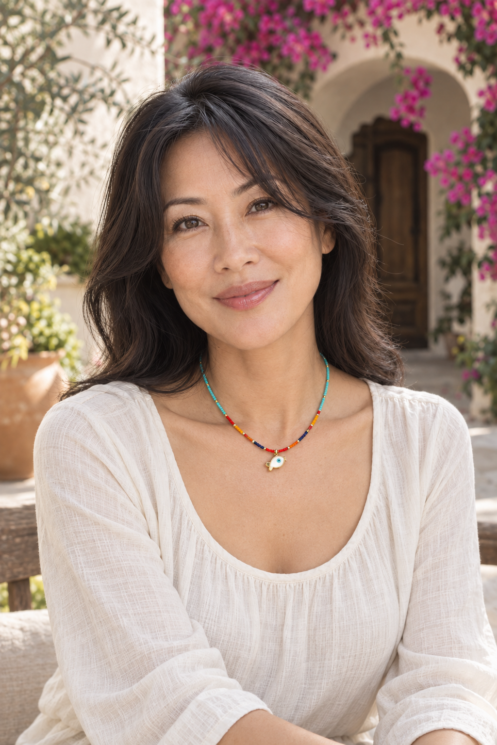 AI-styled waist-up photograph of Tiffany wearing the jewelry in a sunlit courtyard