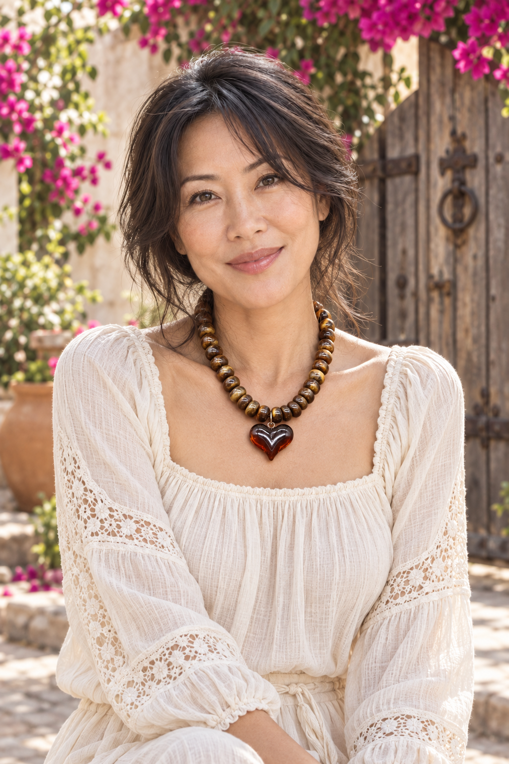 AI-styled waist-up photograph of Tiffany wearing the jewelry in a sunlit courtyard