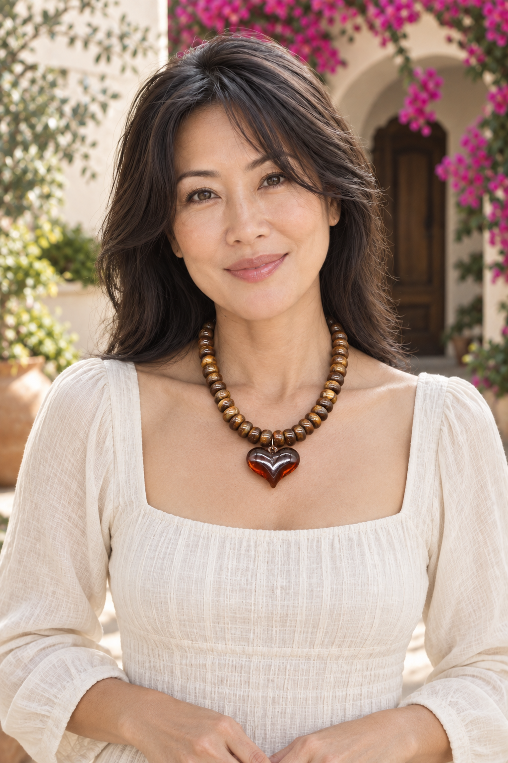 AI-styled waist-up photograph of Tiffany wearing the jewelry in a sunlit courtyard