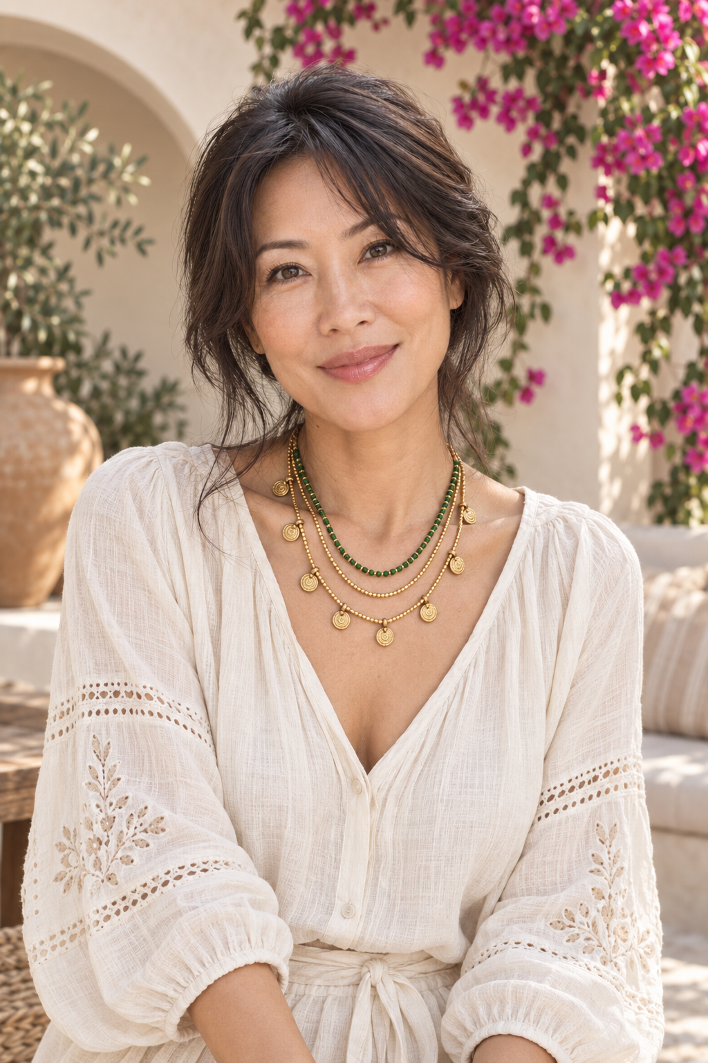 AI-styled waist-up photograph of Tiffany wearing the jewelry in a sunlit courtyard