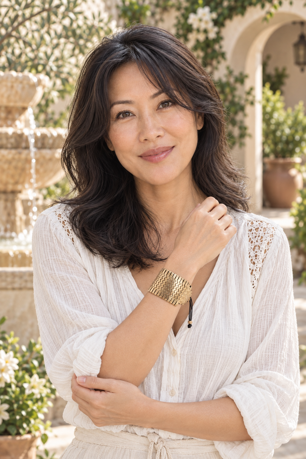 AI-styled waist-up photograph of Tiffany wearing the jewelry in a sunlit courtyard