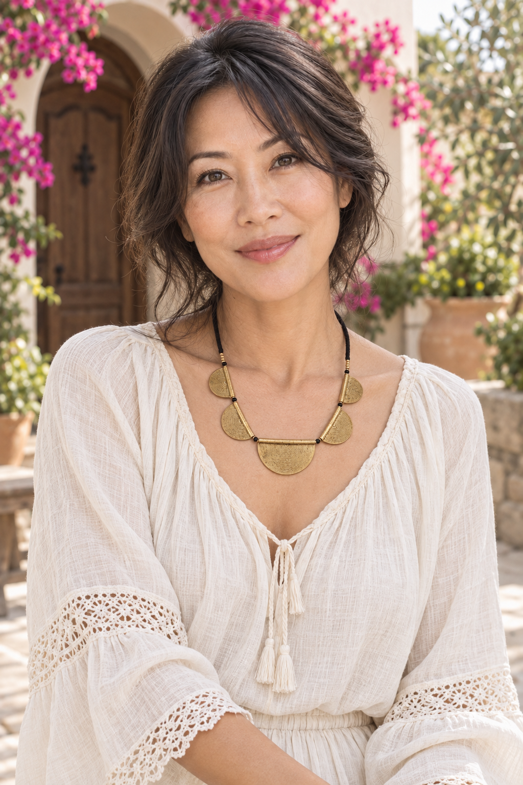 AI-styled waist-up photograph of Tiffany wearing the jewelry in a sunlit courtyard