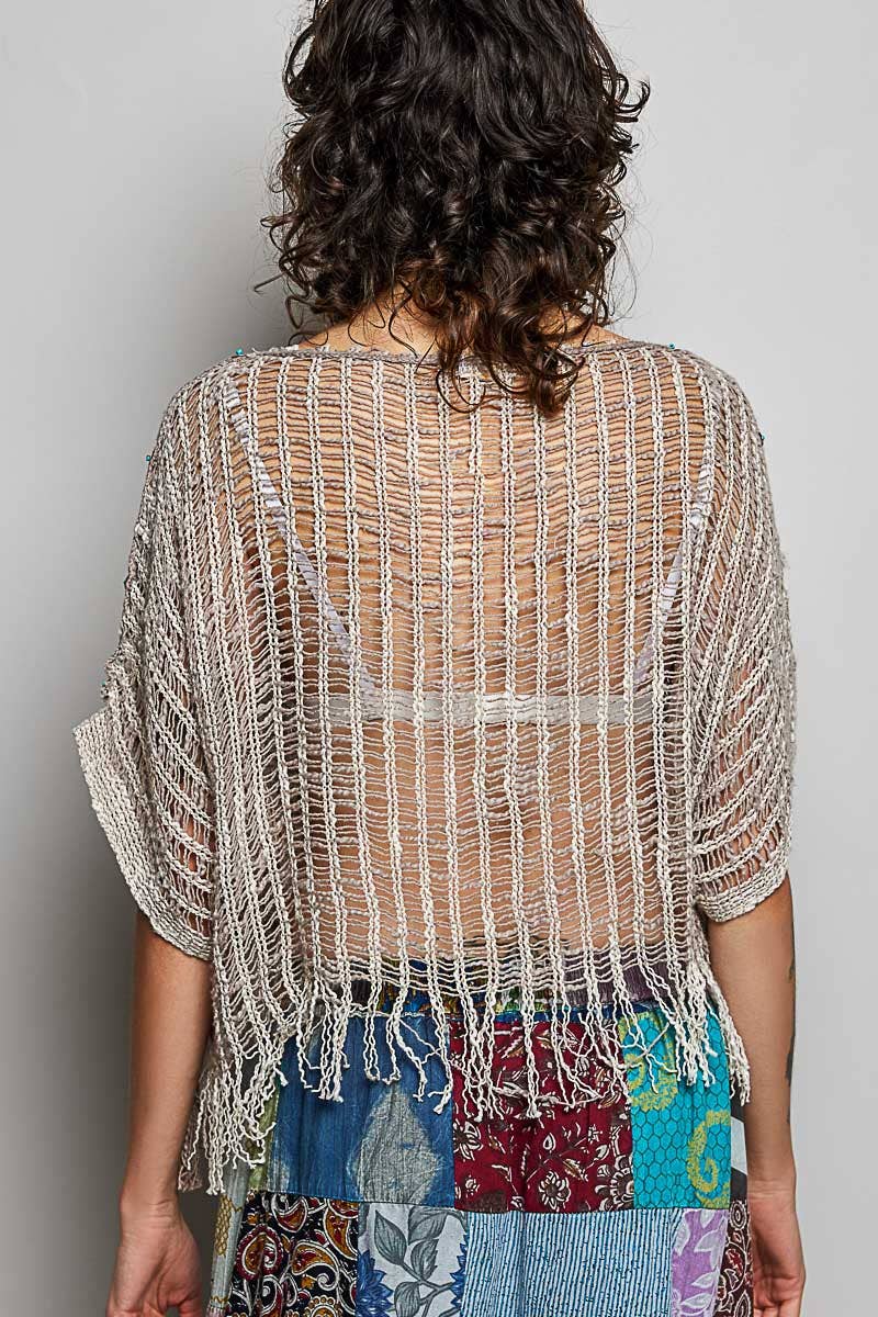 Boho Tassel Rivet Accent Round Neck Short Sleeve
