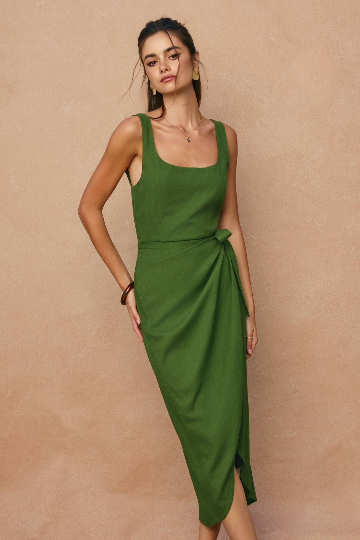 Linen Square Neck Tulip Hem Wrap Dress