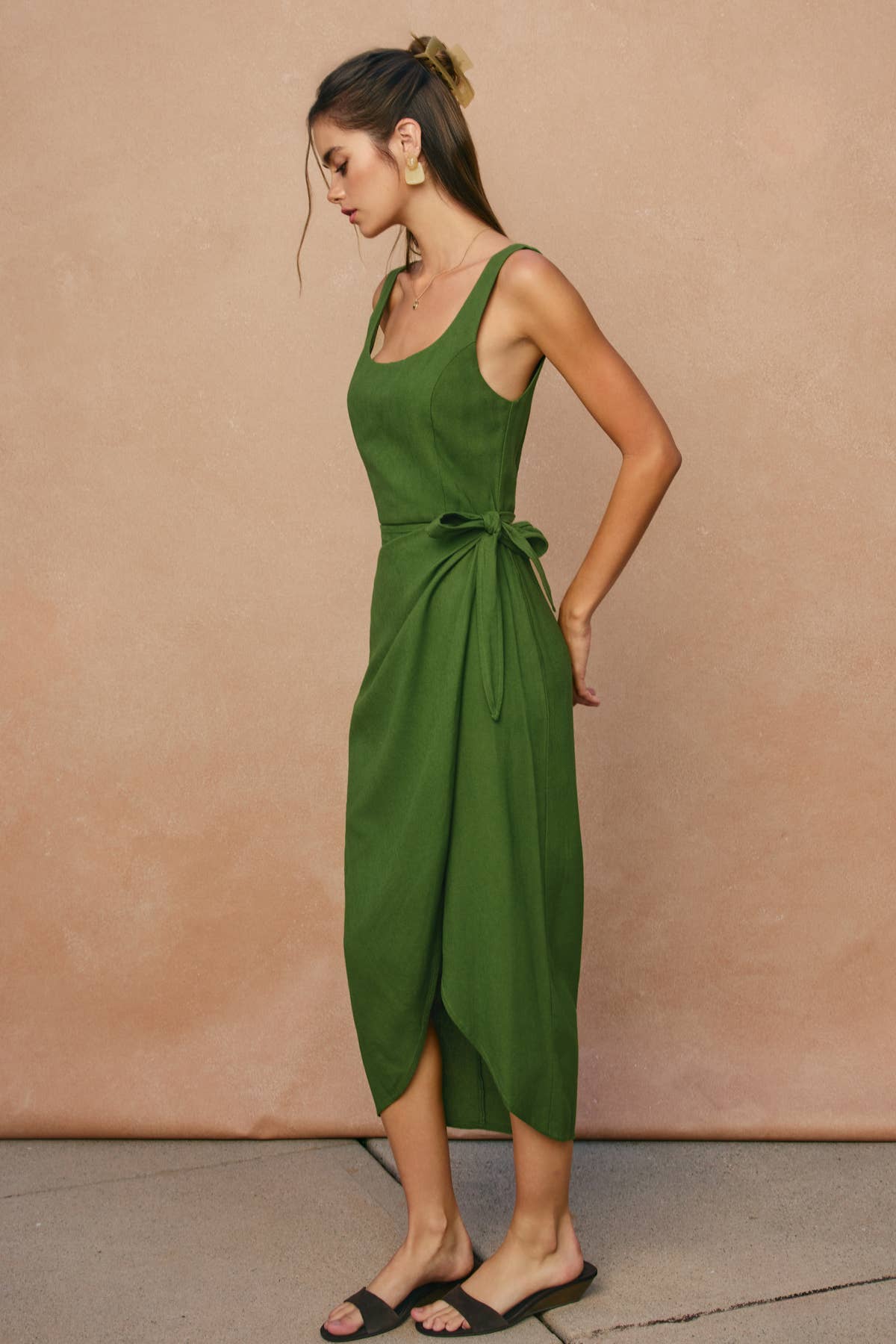 Linen Square Neck Tulip Hem Wrap Dress