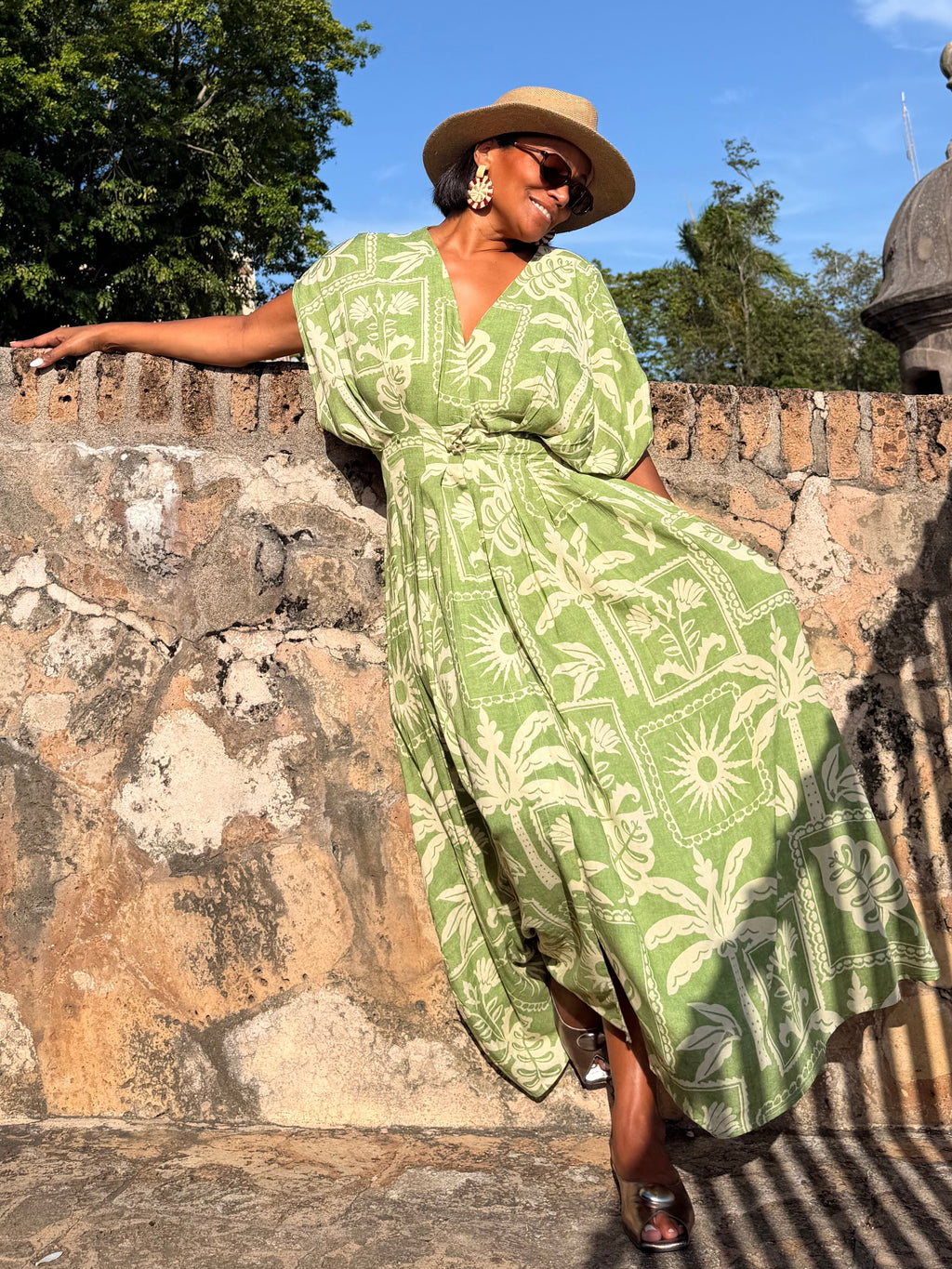 Tropical Conversational Pleated Cinch Waist Midi Dress