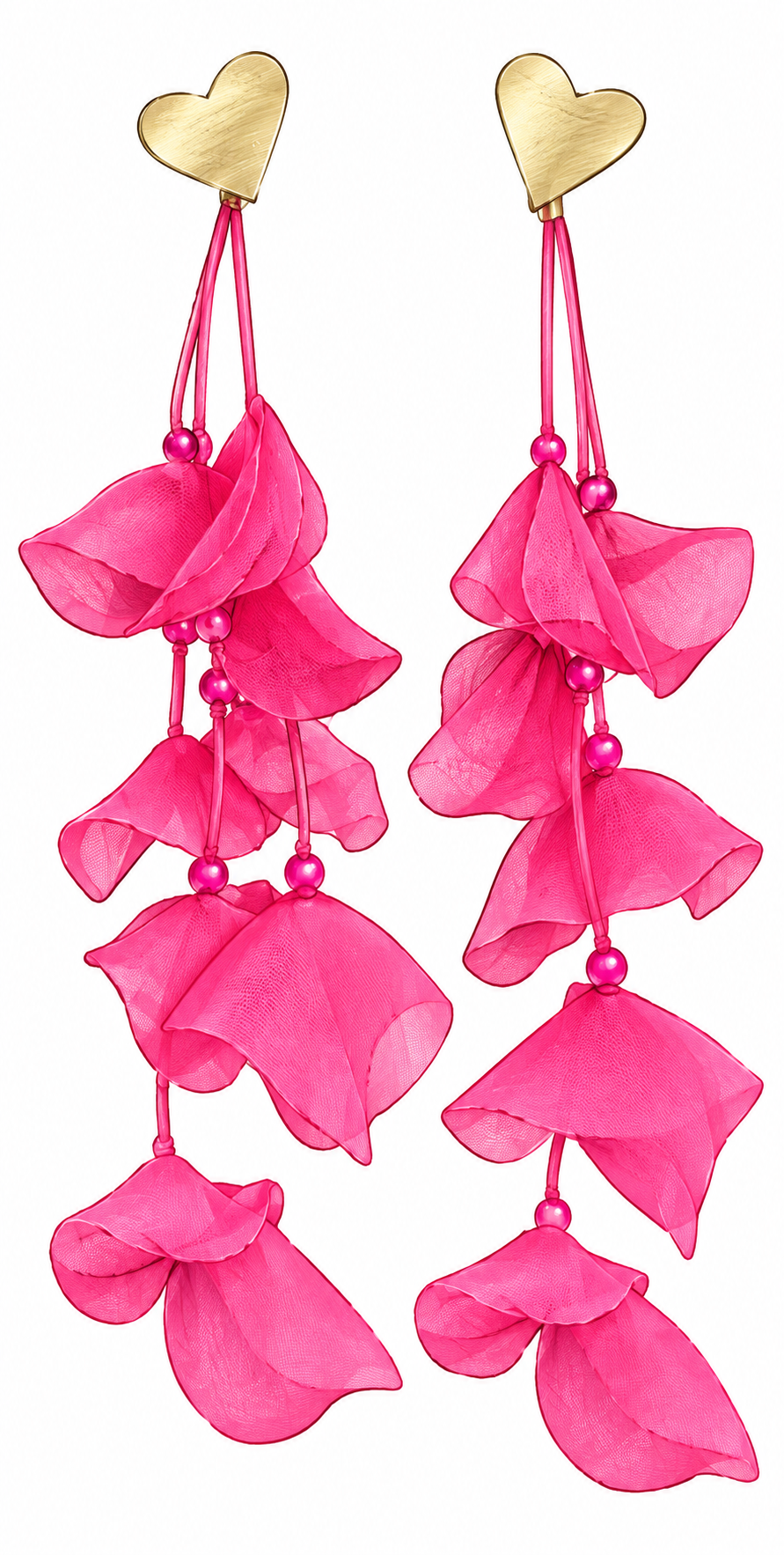 Pair of hot pink chiffon flower earrings with gold heart studs on a white background.