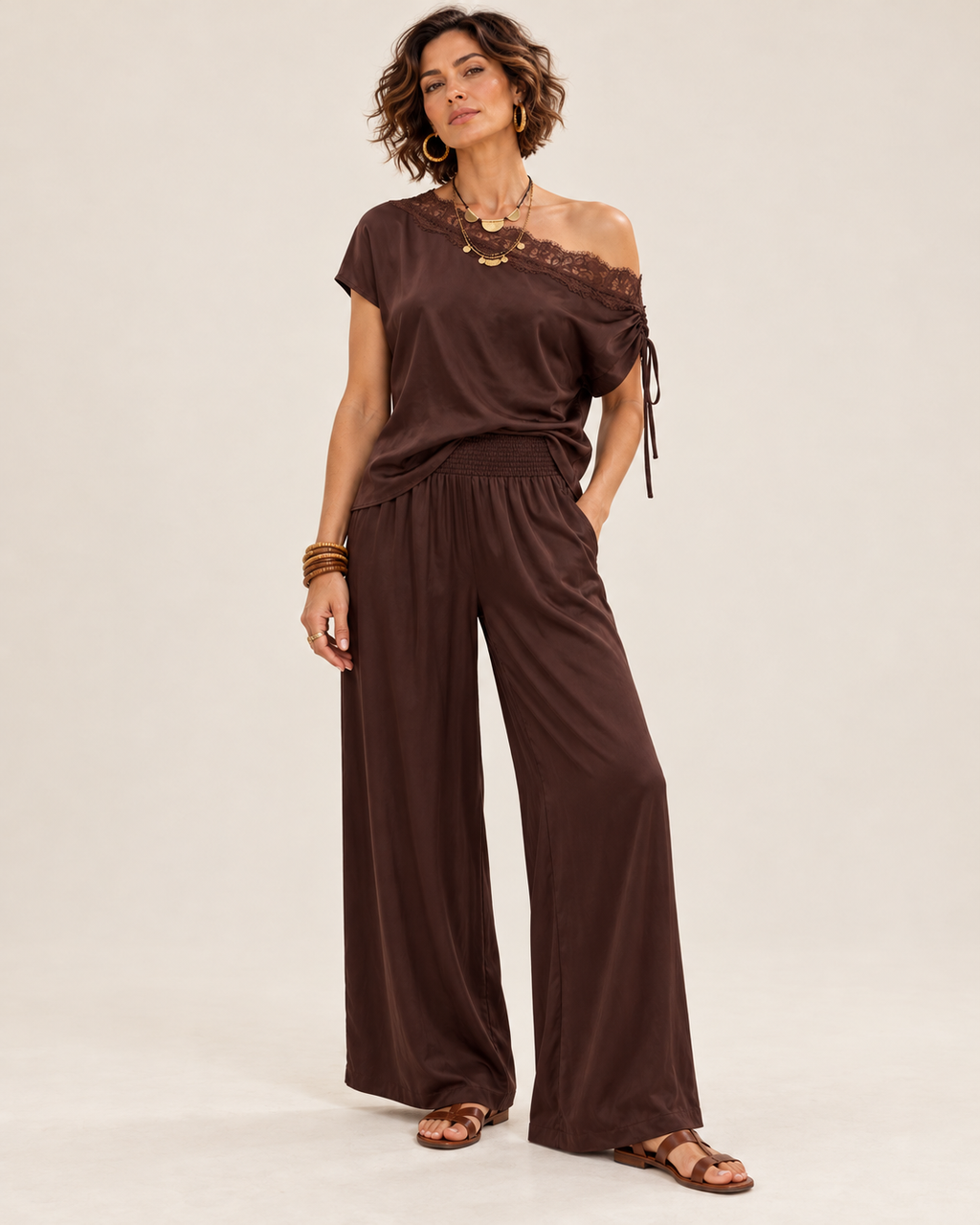 Draped Off Shoulder Lace Trim Blouse