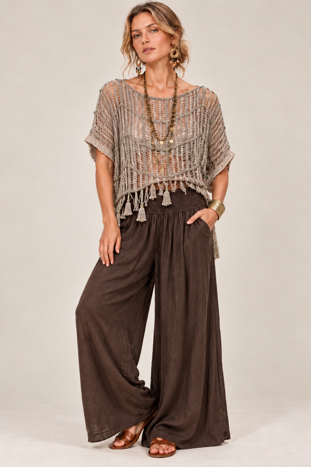 Boho Tassel Rivet Accent Round Neck Short Sleeve