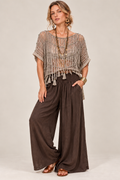 Boho Tassel Rivet Accent Round Neck Short Sleeve