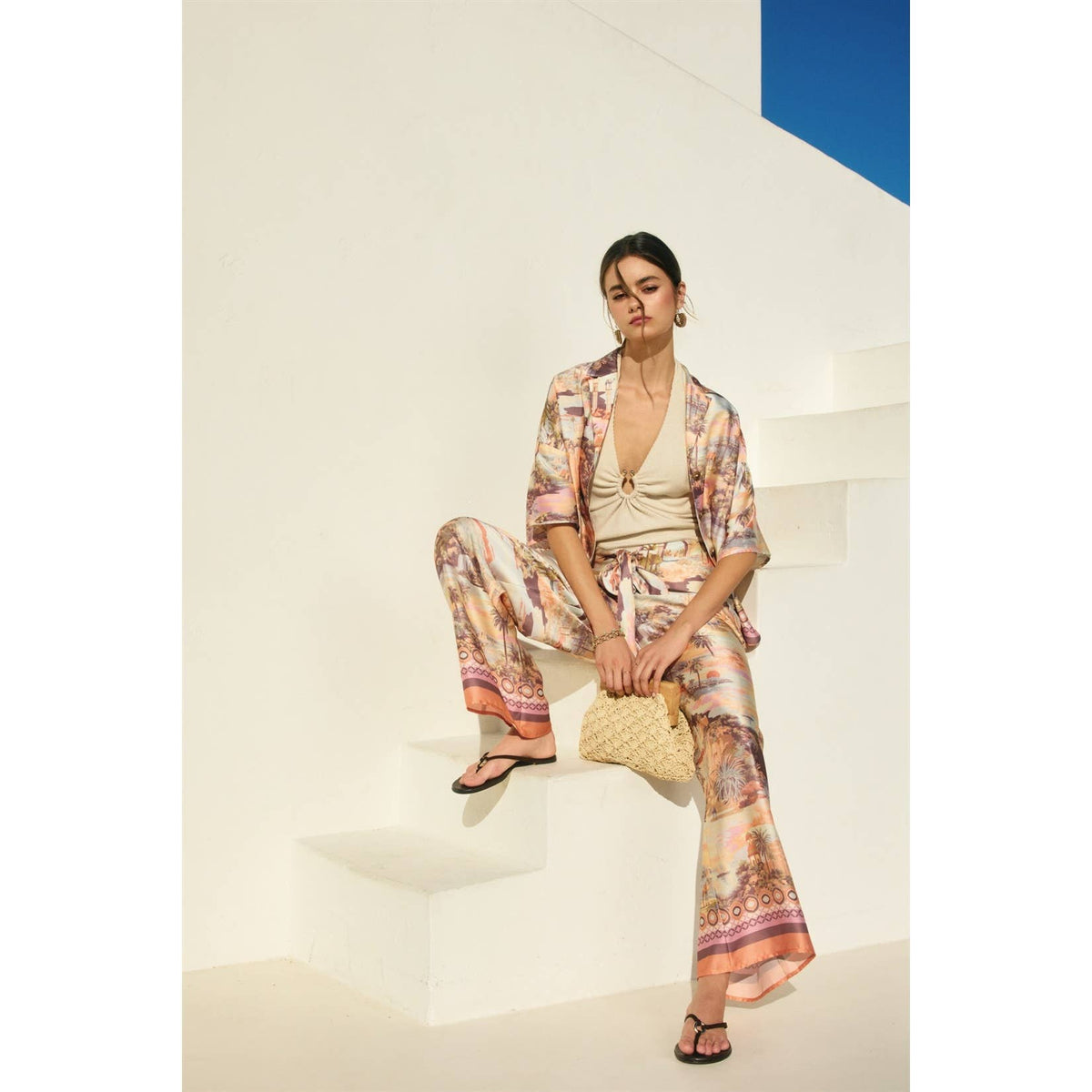 Conversational Border Print Tie Front Relaxed Pants