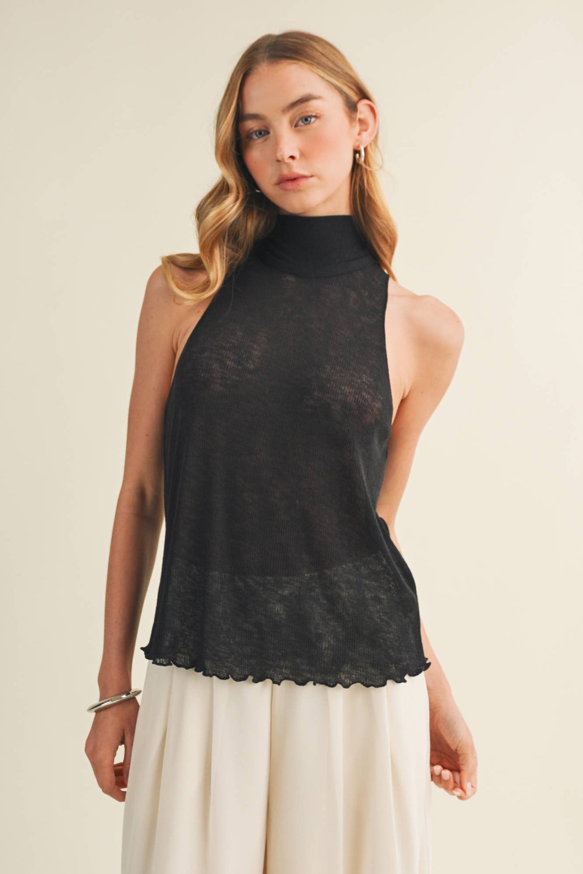 Tie-Back Mock Neck Ribbed Knit Top