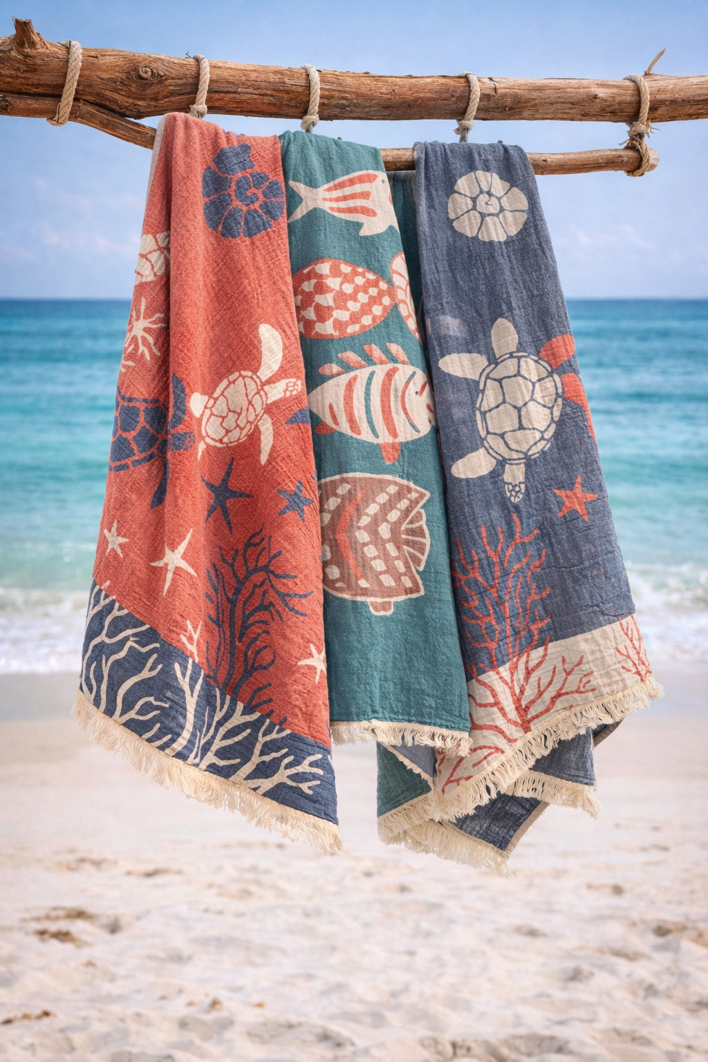 Turtle Cotton Muslin Beach Towel - Navy/Coral