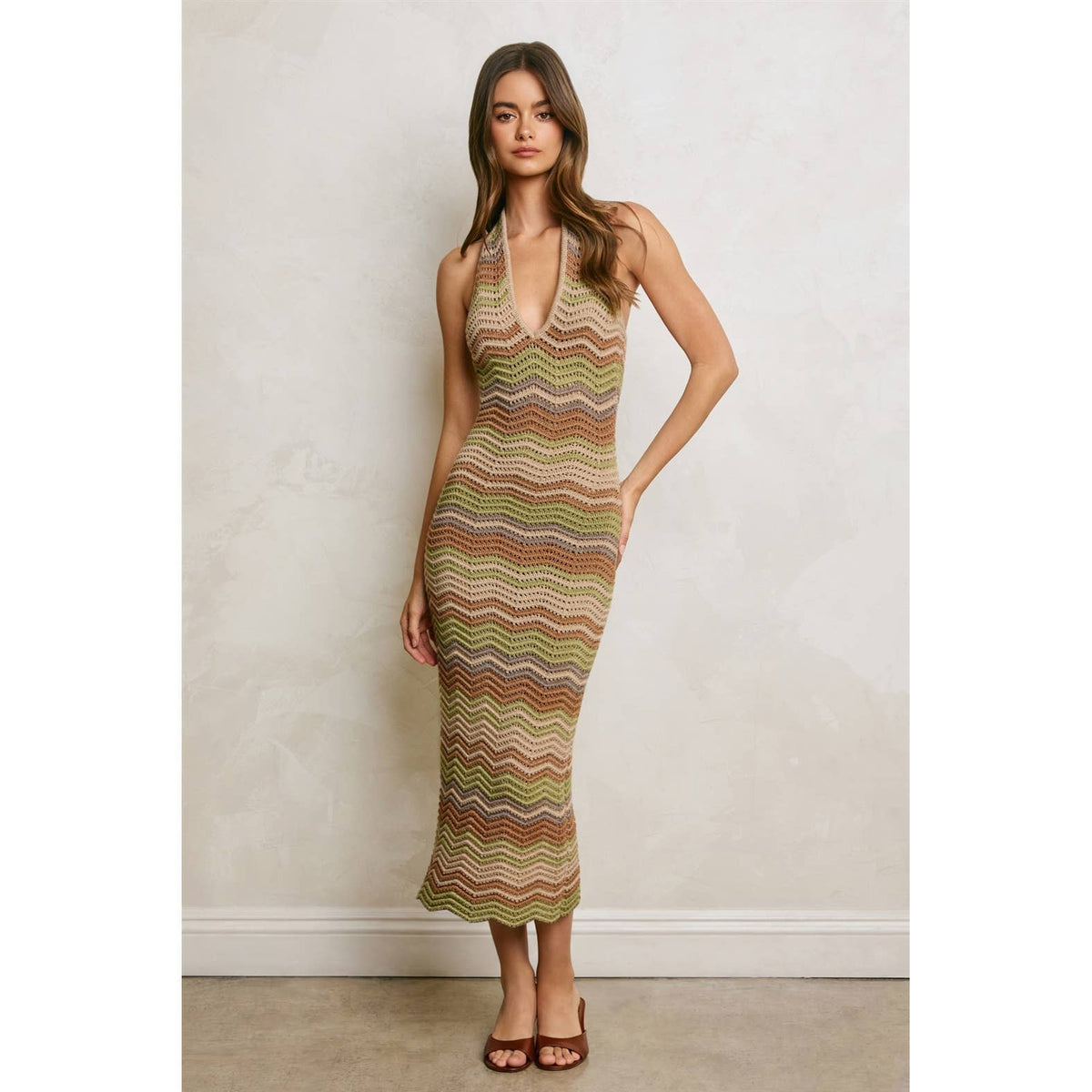 Metallic Chevron Stripe Halter Knitted Dress