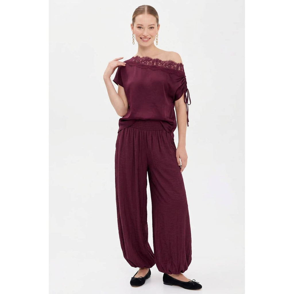 Draped Off Shoulder Lace Trim Blouse