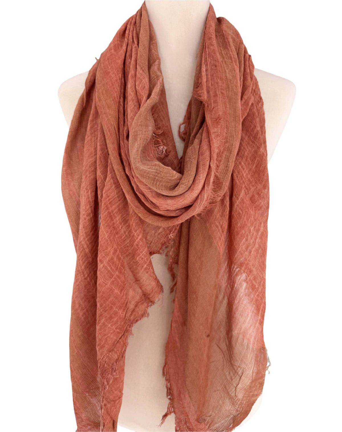 Textured Gauze Scarf Shawl – Soft Washed Colorblock Wrap with Subtle Distressed Dye & Raw Fringe Edges