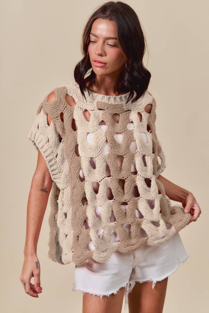 Color Block Open Knit Sweater Vest Top