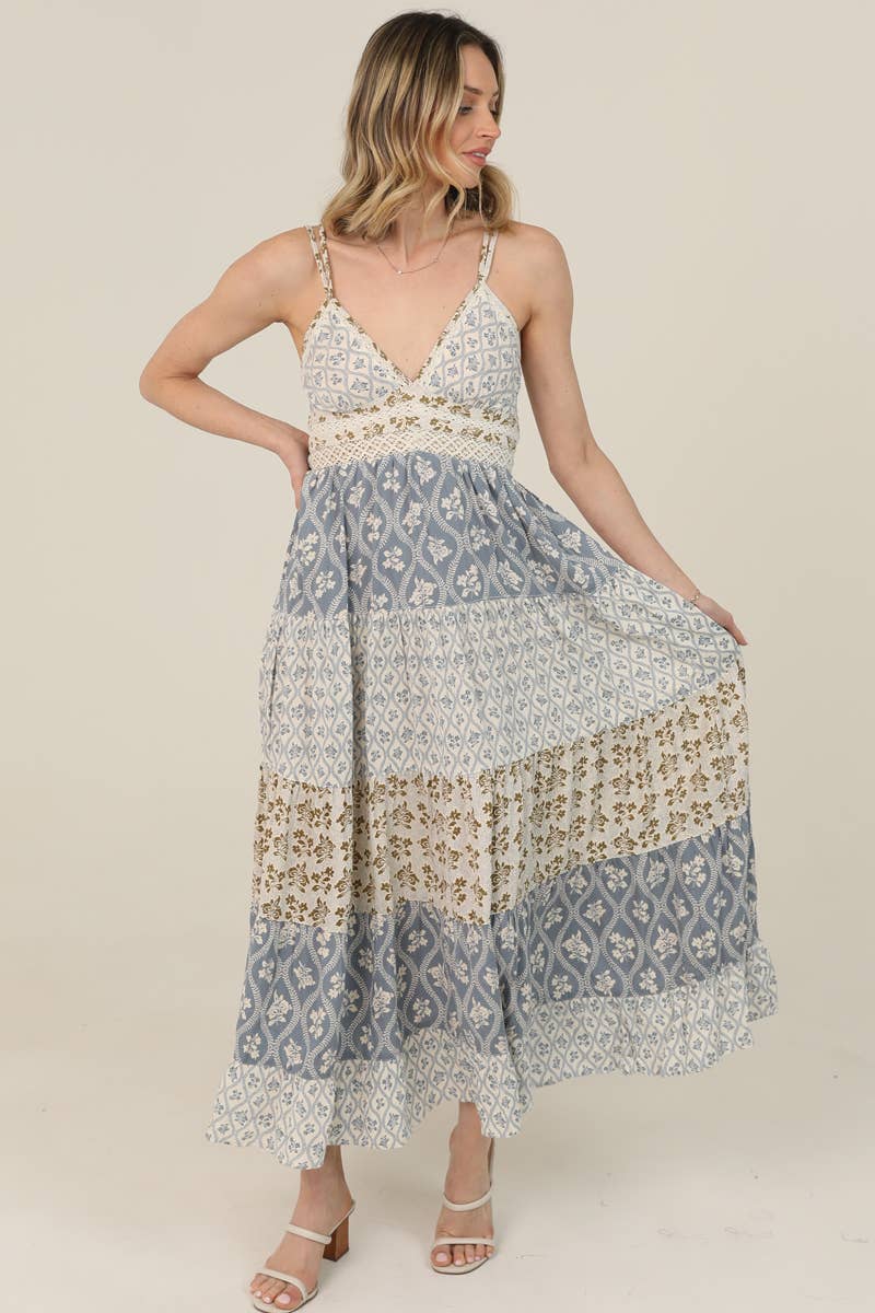 Mixed-Print Lace-Trim V-Neck Maxi Dress