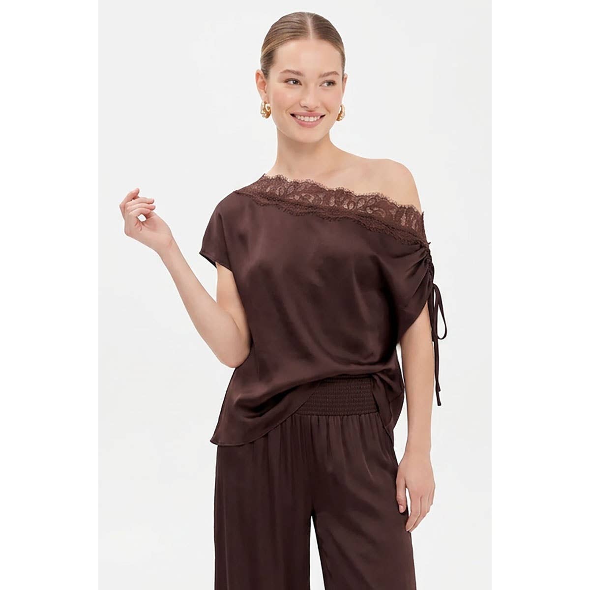 Draped Off Shoulder Lace Trim Blouse