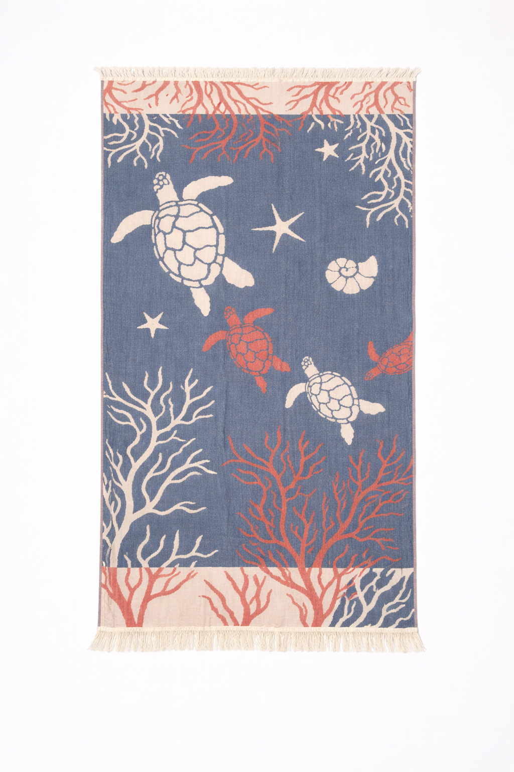 Turtle Cotton Muslin Beach Towel - Navy/Coral