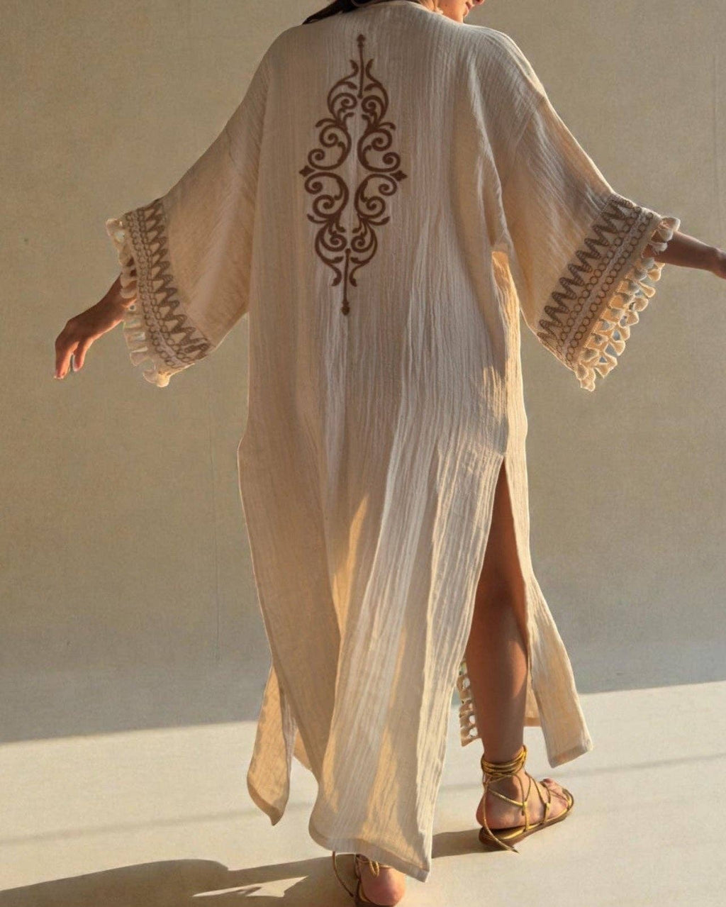 Liora Kimono – Embroidered Long Kimono Robe with Tassel Trim
