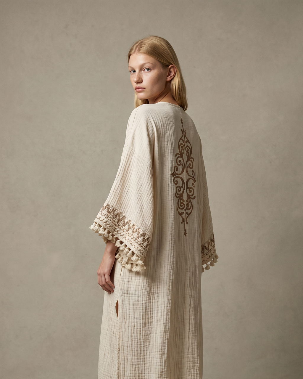 Liora Kimono – Embroidered Long Kimono Robe with Tassel Trim