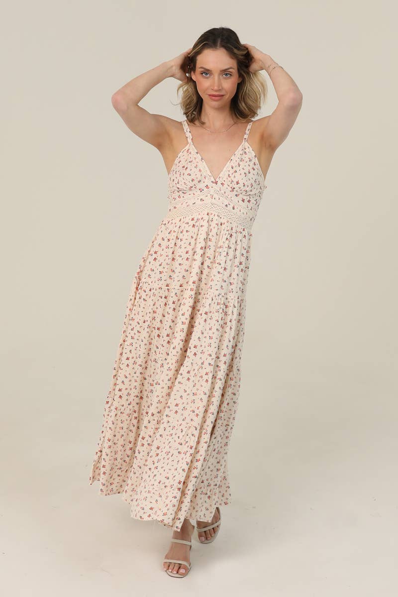 Ditsy Floral Lace-Trim V-Neck Maxi Dress