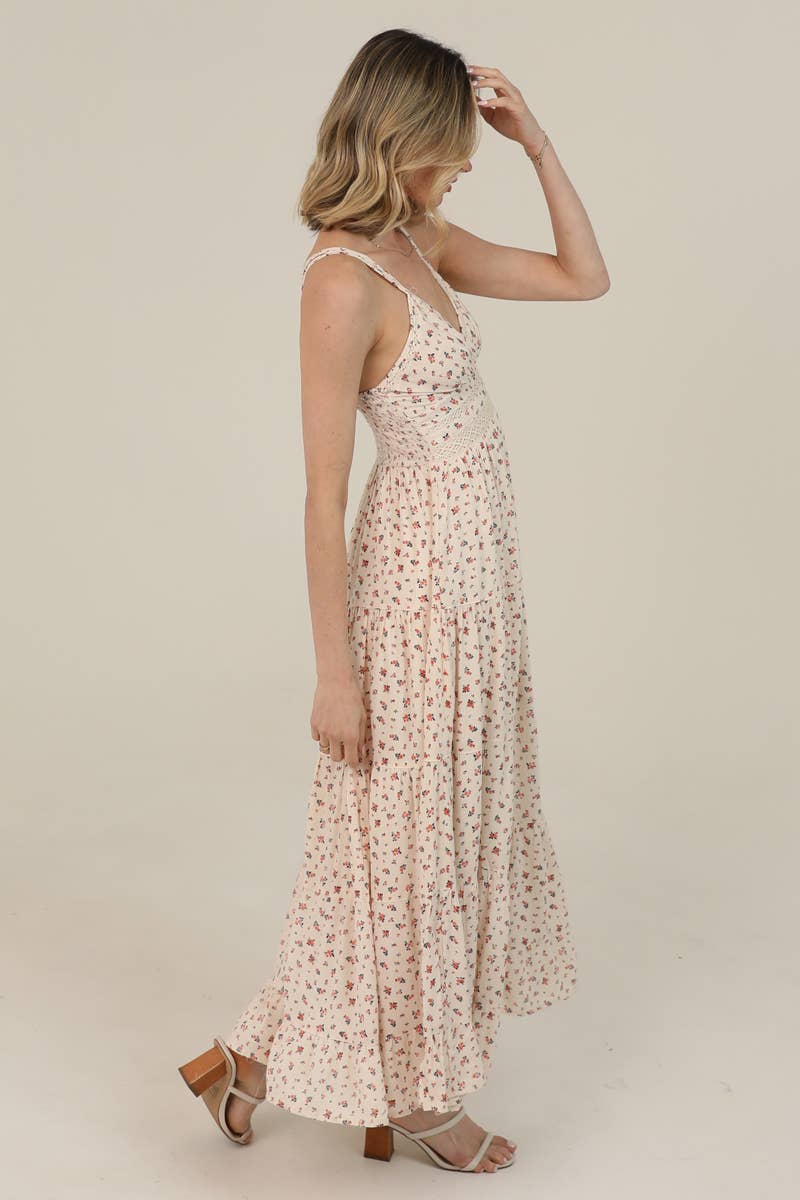 Ditsy Floral Lace-Trim V-Neck Maxi Dress
