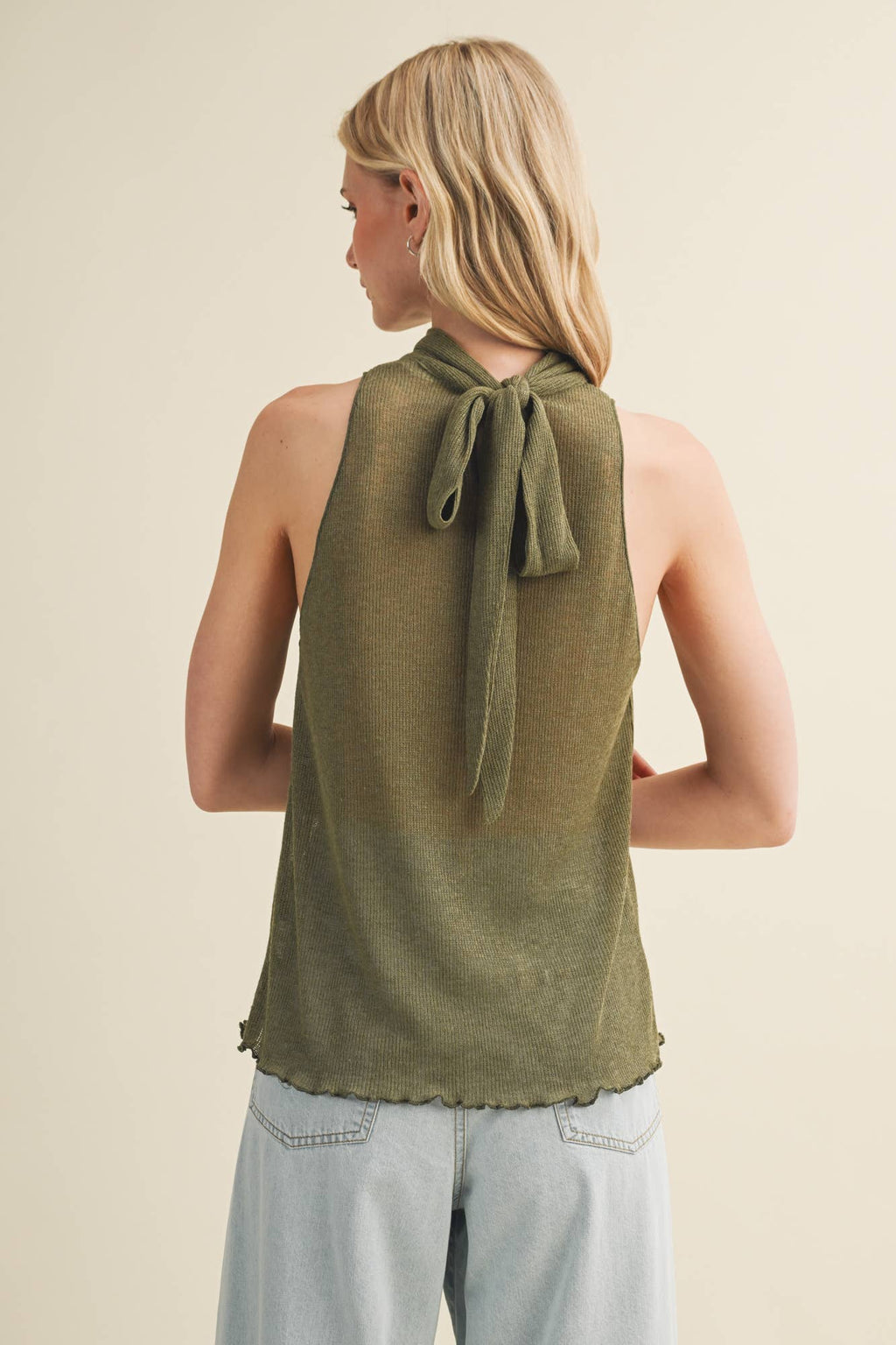 Tie-Back Mock Neck Ribbed Knit Top