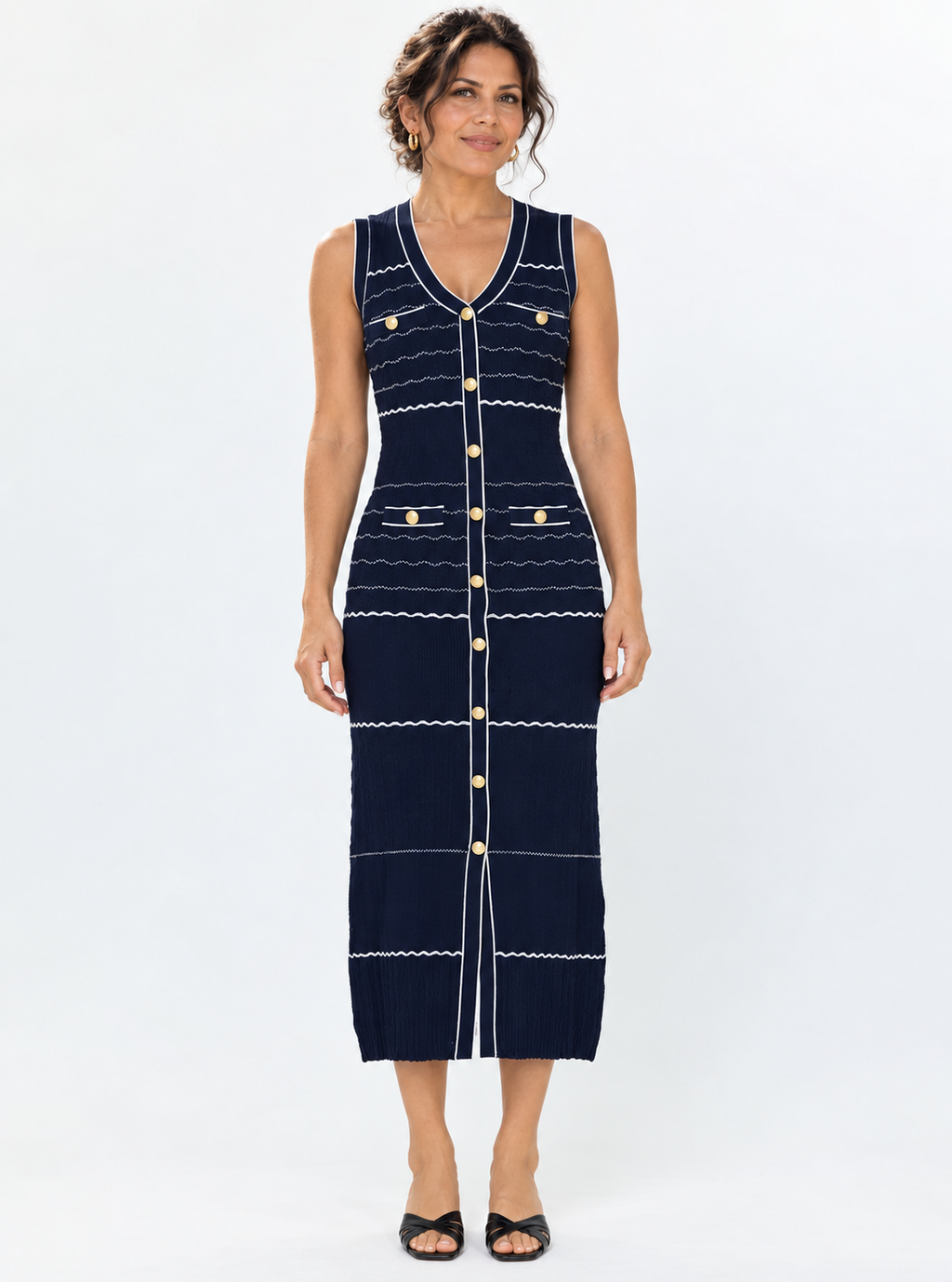 Navy Blue Gold Button Sleeveless Knit Dress
