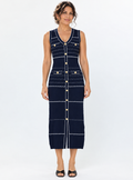 Navy Blue Gold Button Sleeveless Knit Dress