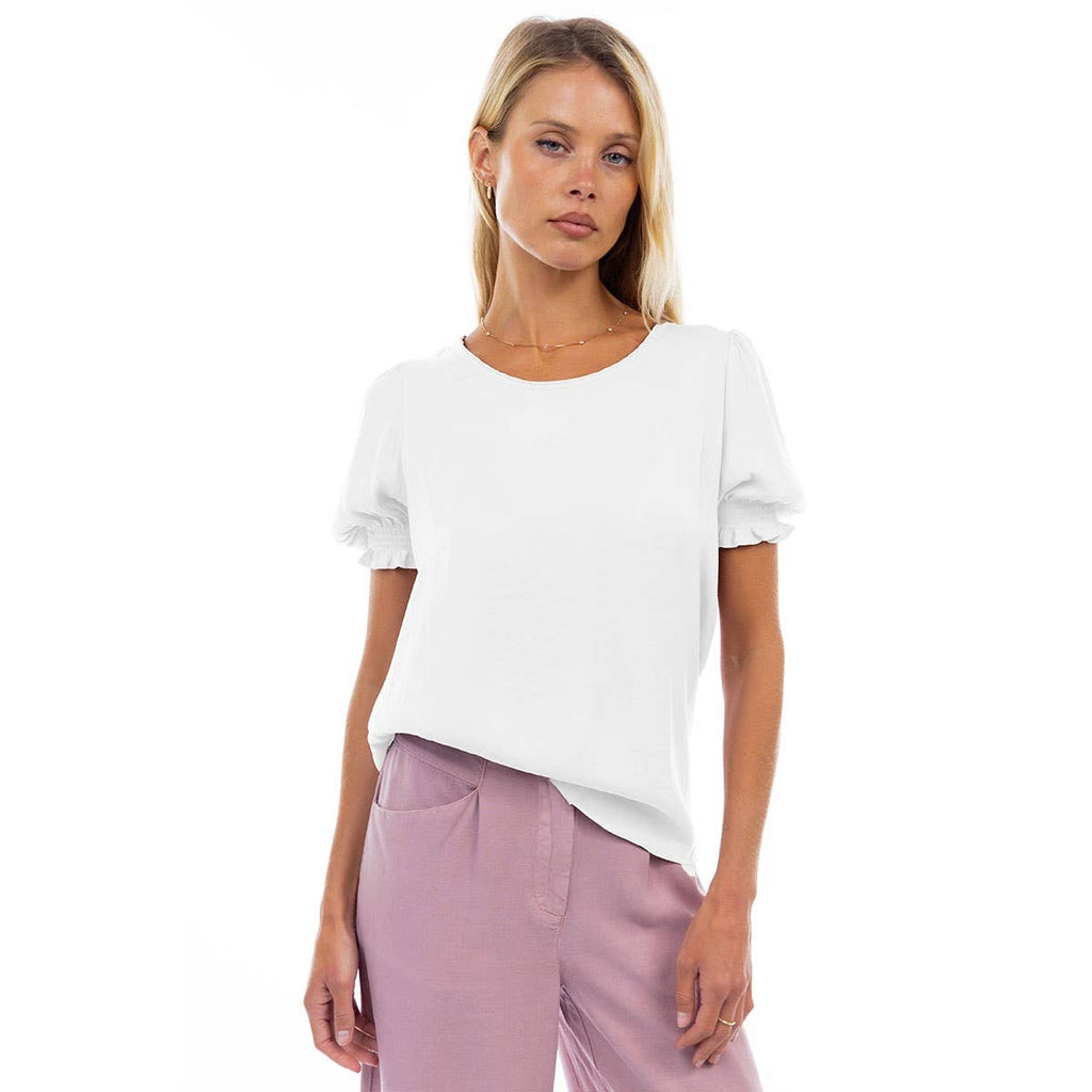 Crew Neck Short Sleeve Blouse With Piping Detail