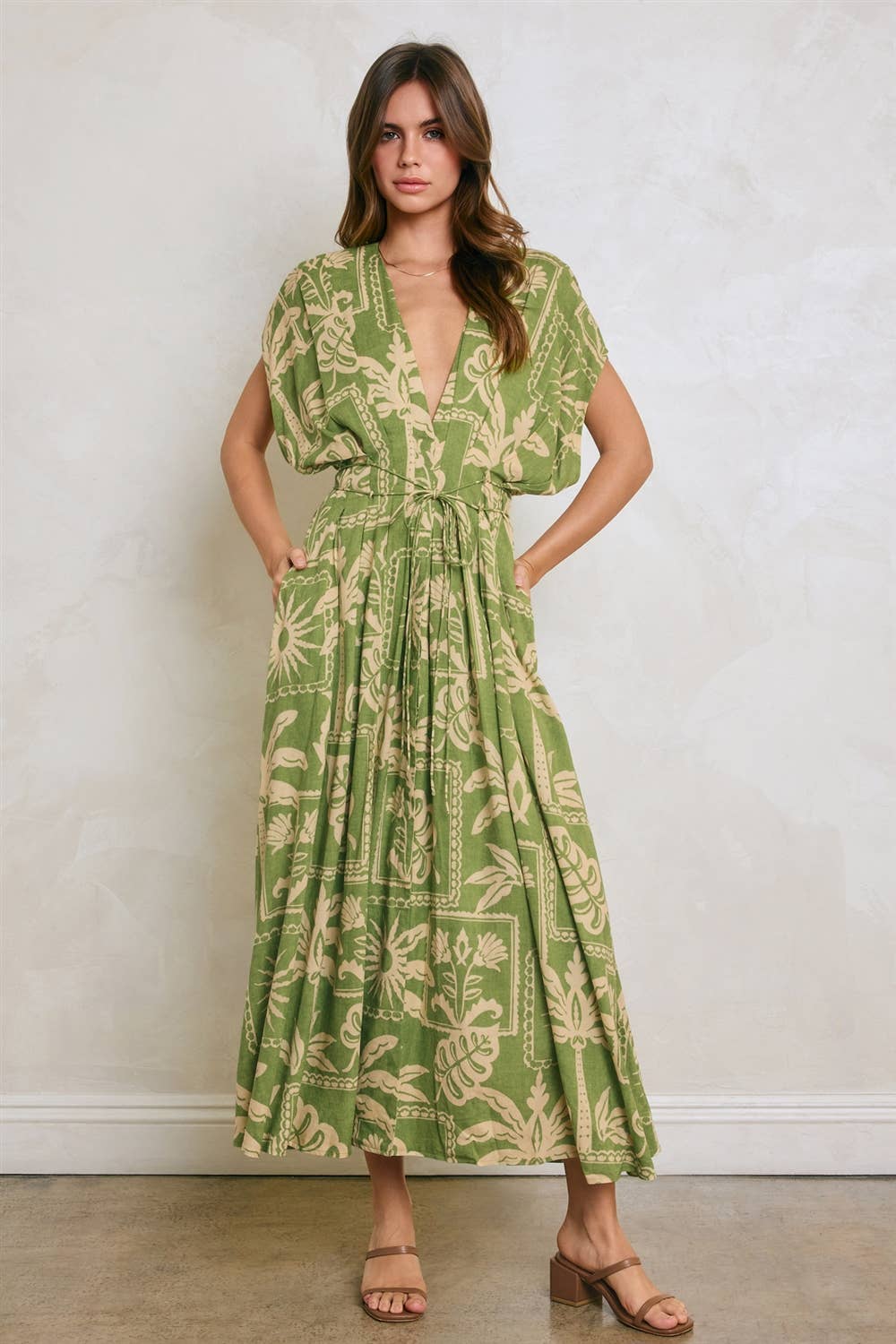 Tropical Conversational Pleated Cinch Waist Midi Dress