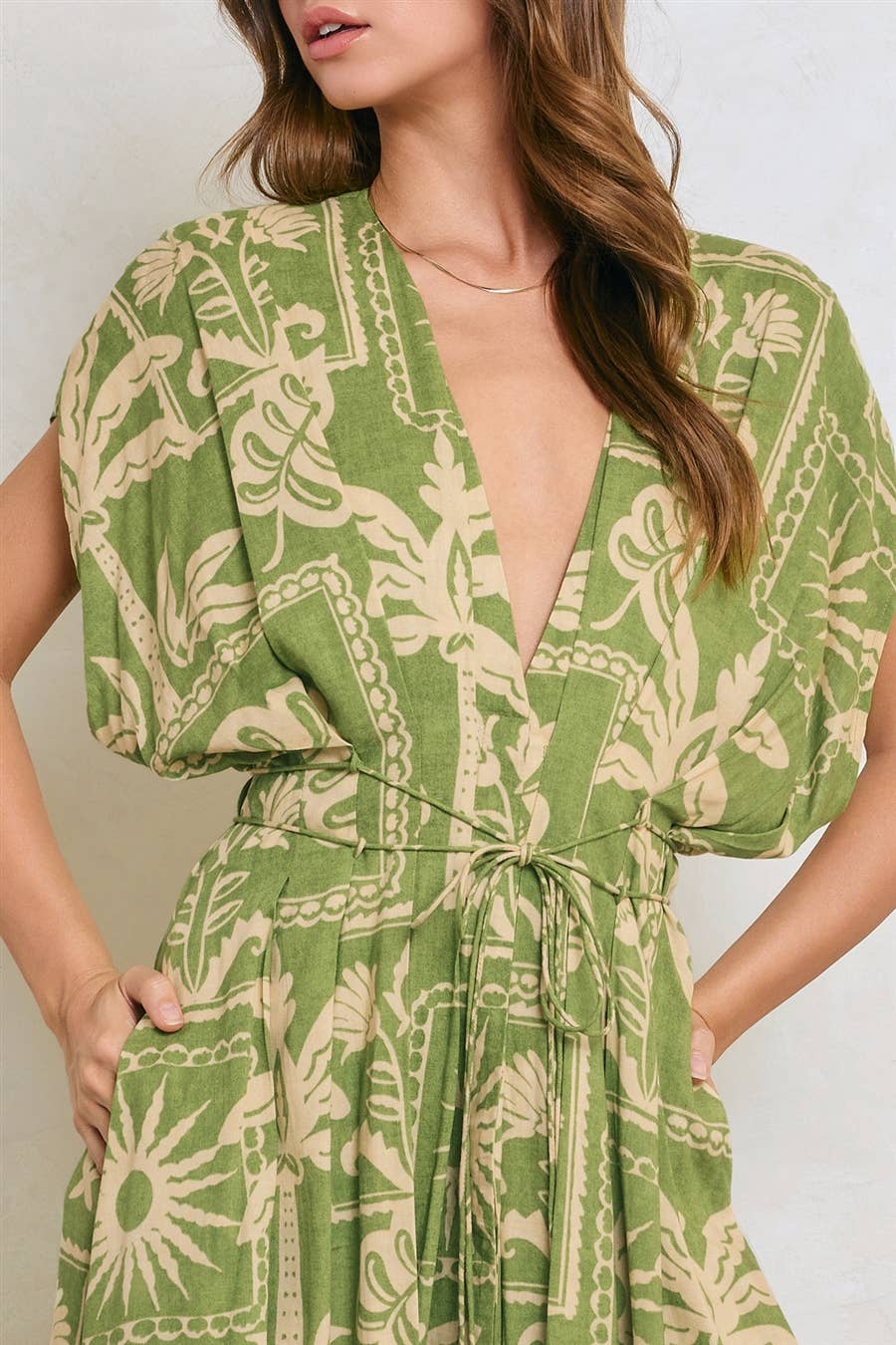 Tropical Conversational Pleated Cinch Waist Midi Dress