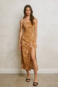 Golden Apricot Front Slit Midi Dress