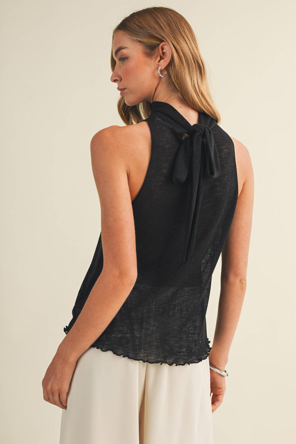 Tie-Back Mock Neck Ribbed Knit Top