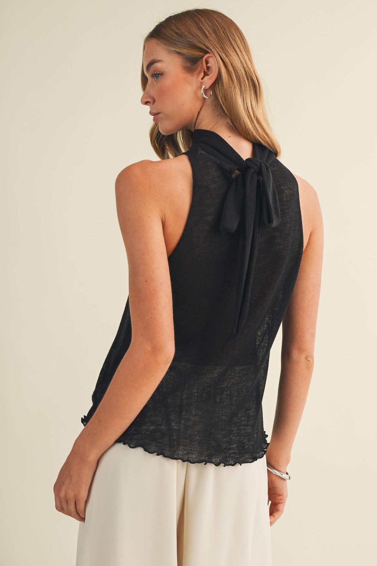 Tie-Back Mock Neck Ribbed Knit Top