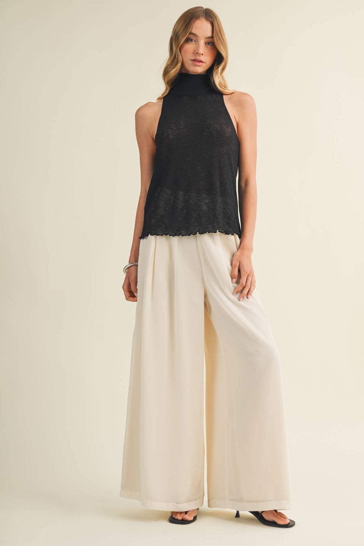 Tie-Back Mock Neck Ribbed Knit Top