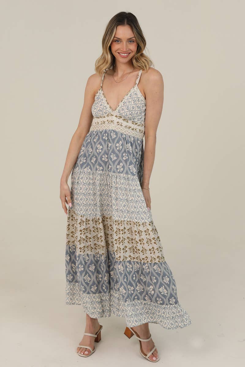 Mixed-Print Lace-Trim V-Neck Maxi Dress