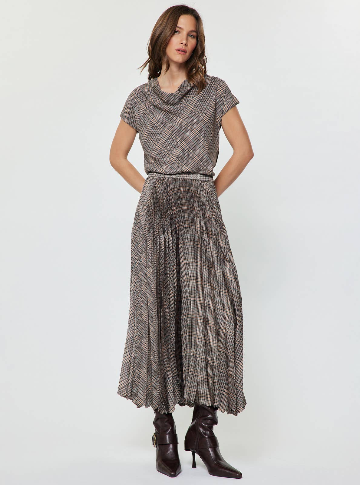 Plaid Pleated Midi Skirt