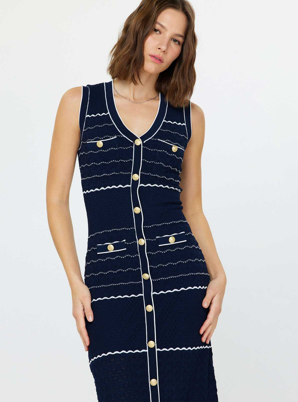 Navy Blue Gold Button Sleeveless Knit Dress