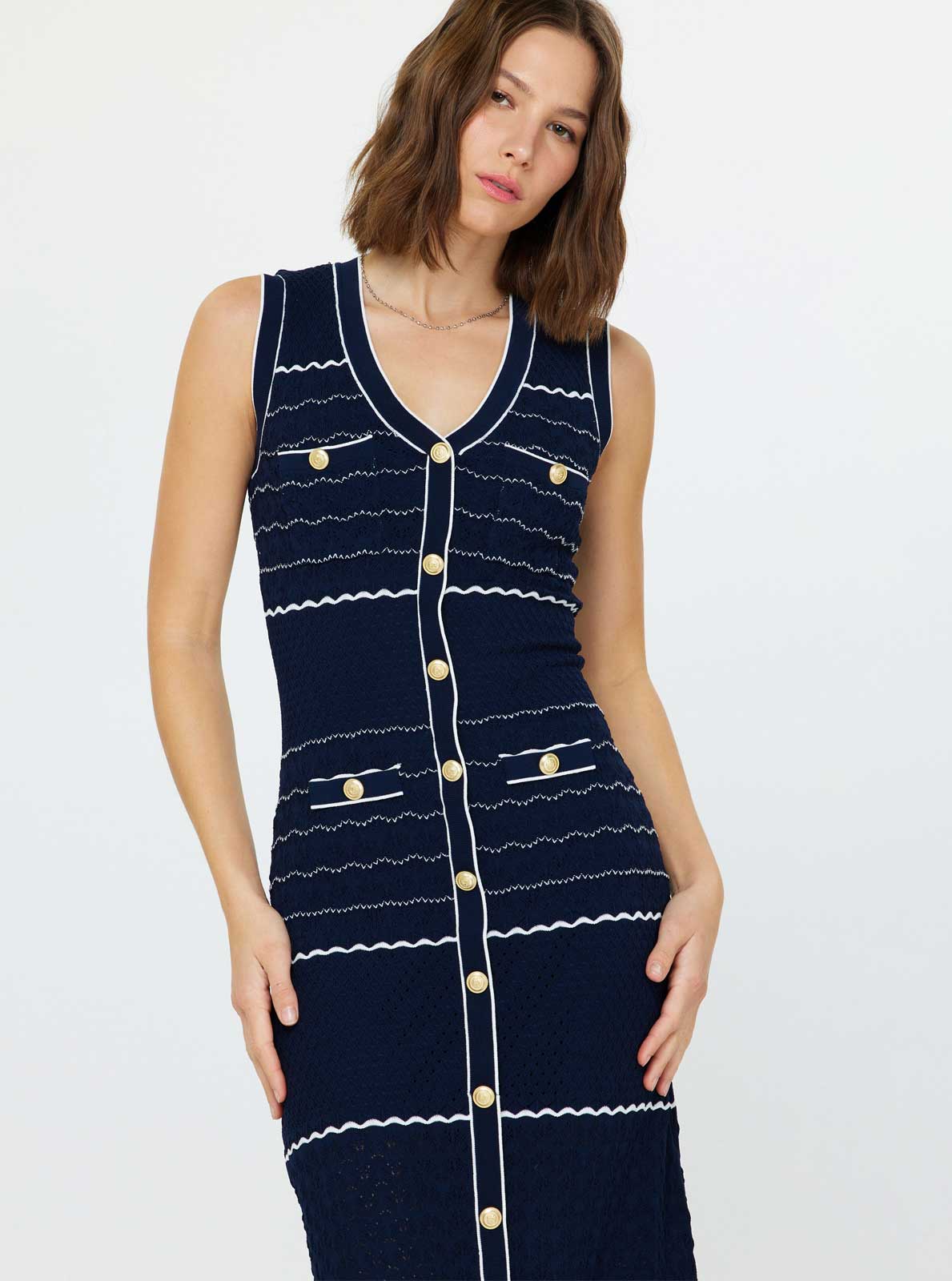 Navy Blue Gold Button Sleeveless Knit Dress