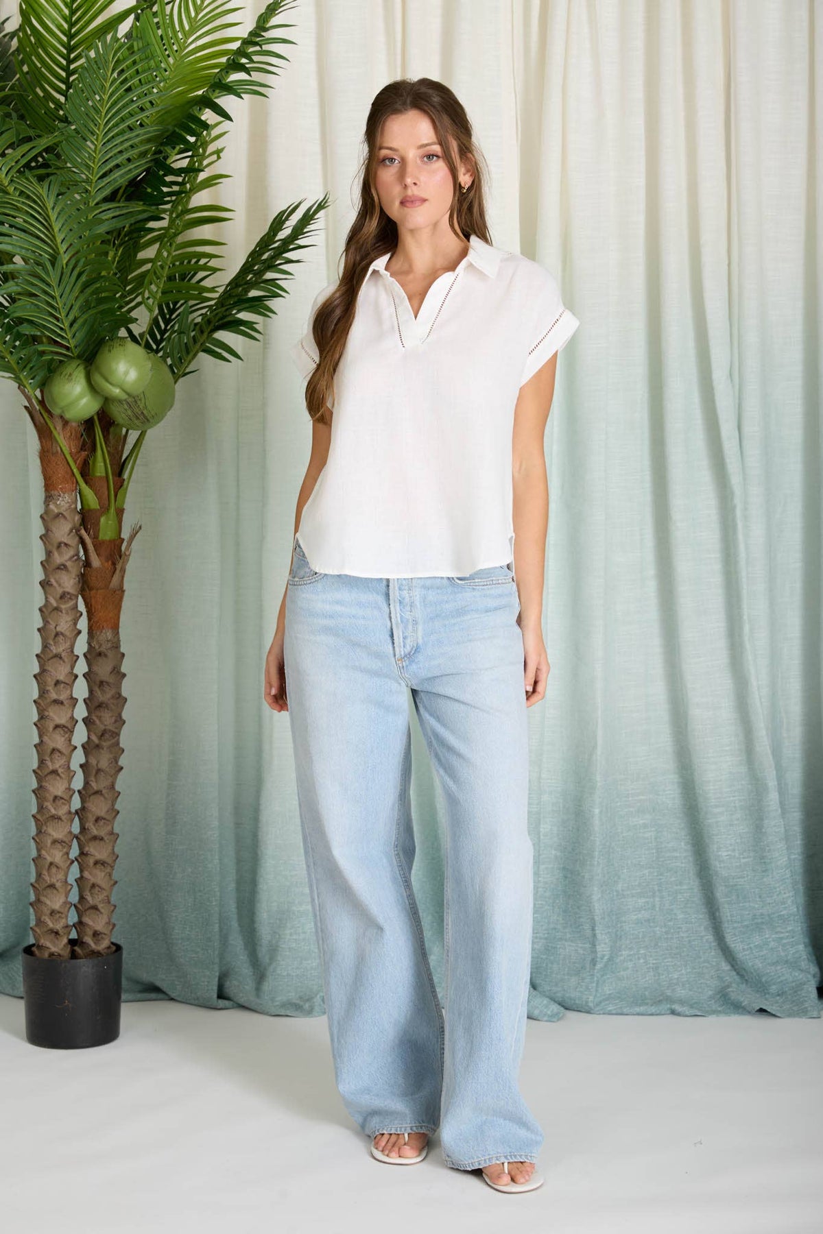 Collared V-Neck Top with Lace Trim