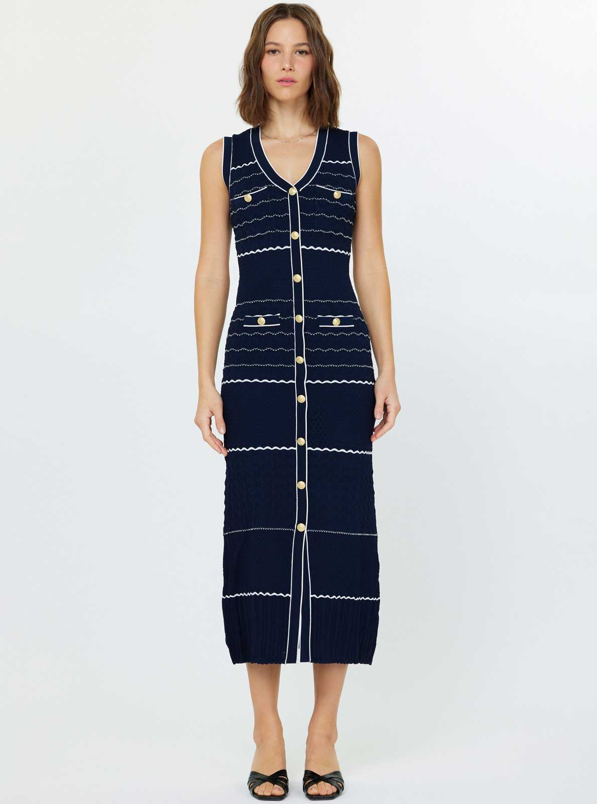 Navy Blue Gold Button Sleeveless Knit Dress