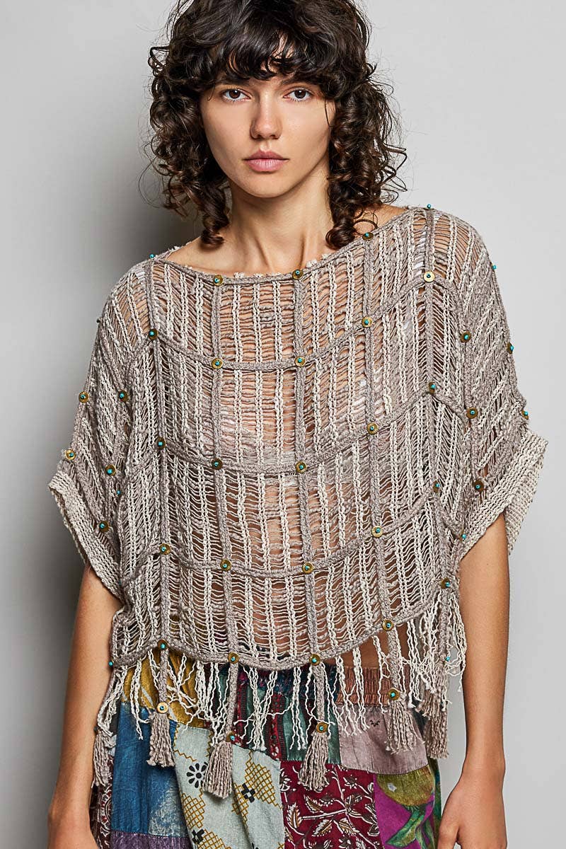 Boho Tassel Rivet Accent Round Neck Short Sleeve