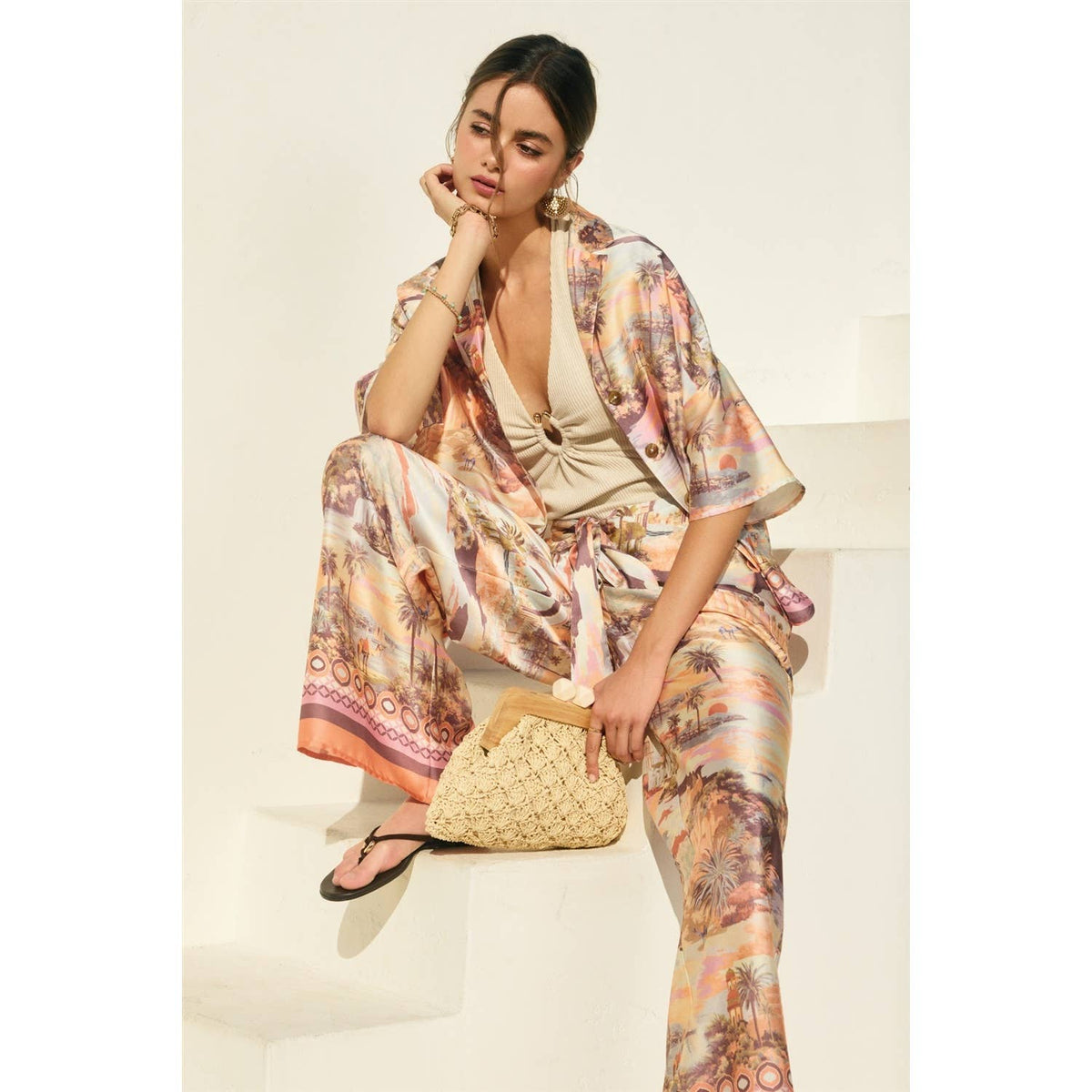 Conversational Border Print Tie Front Relaxed Pants