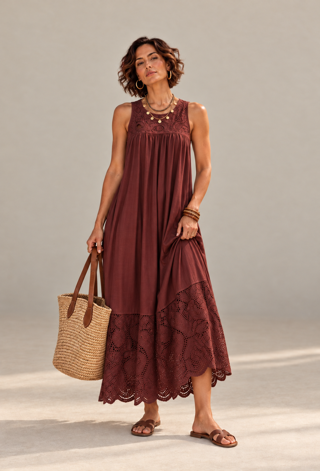 Cotton Boho Maxi Dress with Lace Details