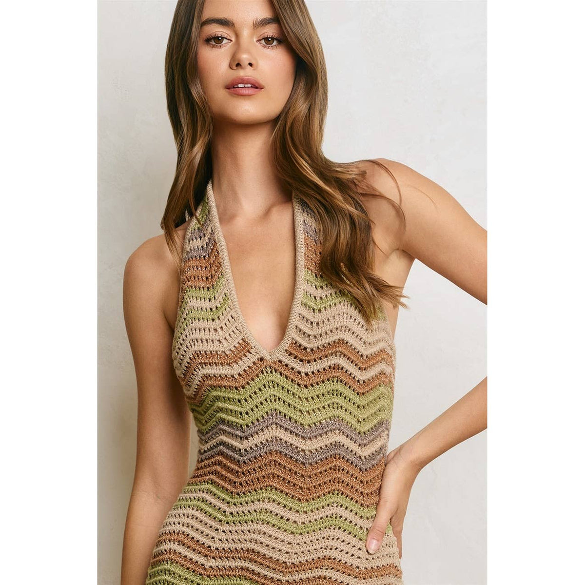 Metallic Chevron Stripe Halter Knitted Dress