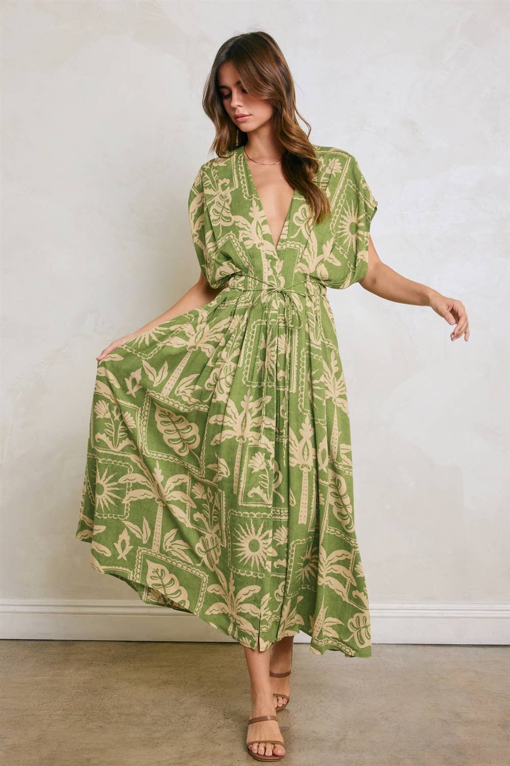 Tropical Conversational Pleated Cinch Waist Midi Dress